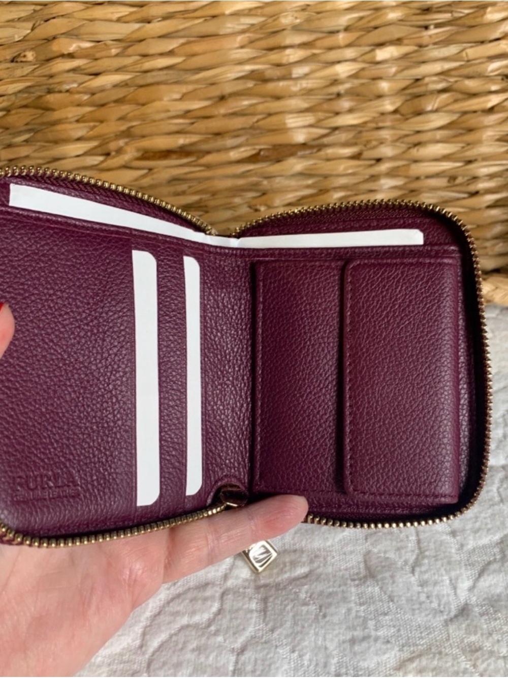 Furla Plum Zip-Around Pebbled Leather Wallet with Gold Logo Burgundy - Picture 2 of 5